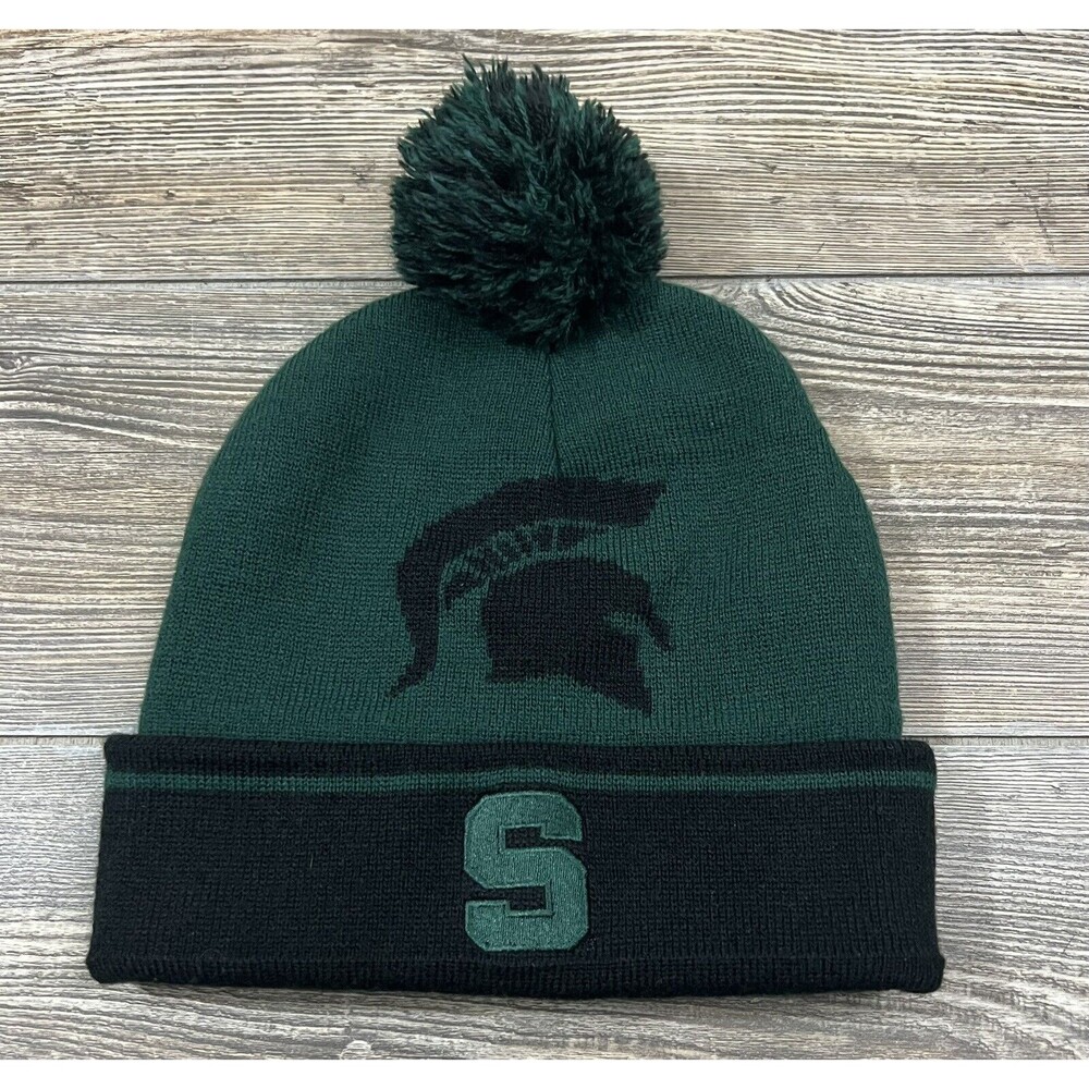 Michigan State Spartans Knit Winter Hat Green/Black‎ Pom Pom, Cuffed 9"